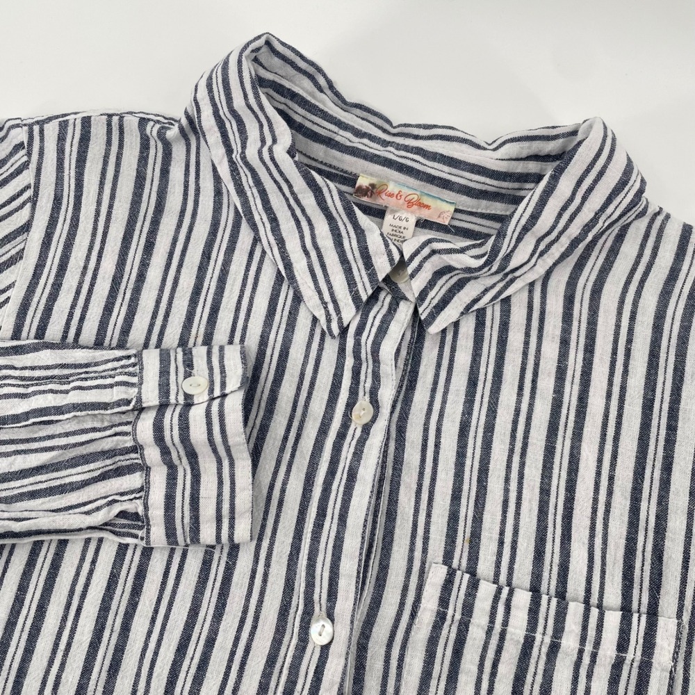 Rise & Bloom Button Down Linen Blend Shirt Womens L Blue White Striped Long‎ Slv